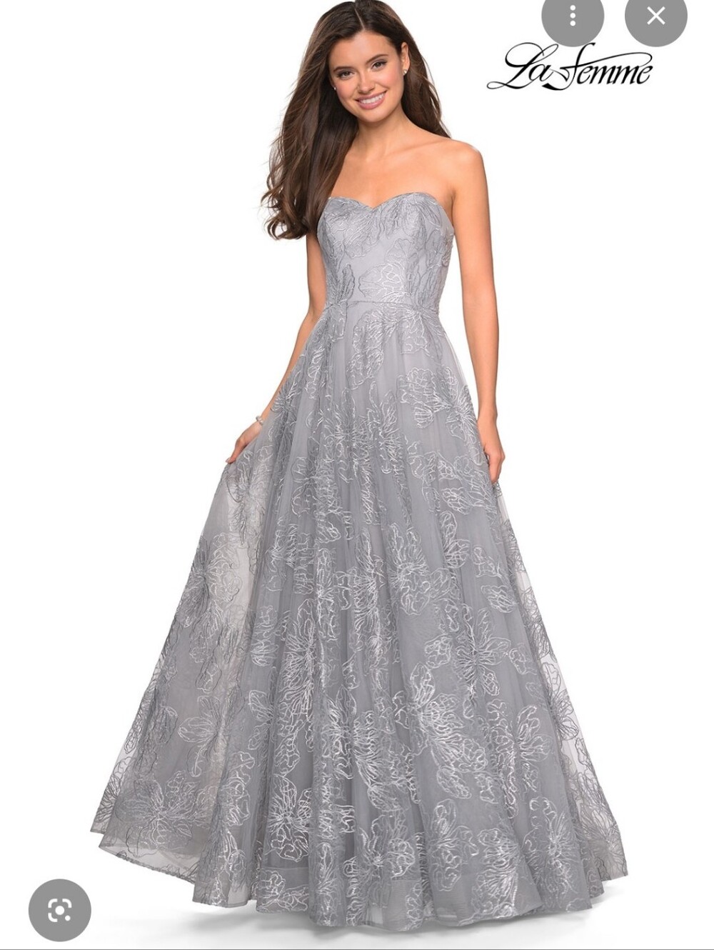 Size 10 silver/grey strapless full Aline prom gown pockets by La Femme NWT